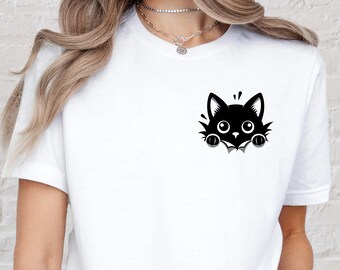 Peeking Cat Shirt Cute Black Cat Tee for Women, Minimal Funny Kitty Shirt, Gift for Cat Lover, Small Pocket Cat T-Shirt