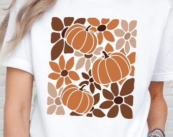Retro Pumpkin Flower Shirt, Fall Aesthetic Tee, Boho Autumn Graphic Shirt, Thanksgiving Outfit, Cozy Pumpkin Patch Top