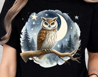 Mystical Owl Shirt, Watercolor Moon Forest Owl Graphic Tee for Nature Lovers, Witchy Animal Shirt, Aesthetic Nocturnal Bird T-Shirt Gift