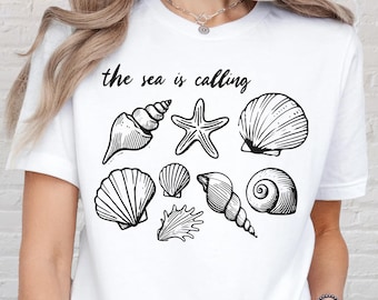The Sea Is Calling Shirt, Beach Shell Summer Tee, Seashell Shirt, Ocean Lover Coastal Aesthetic Tee, Starfish-Shells Shirt, Summer Shirt