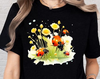 Ladybug and Daisies Shirt, Cute Cottage-core Garden Tee, Whimsical Floral Bug Shirt, Spring Nature Lover Gift Tee, Ladybug Meadow Shirt