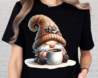 Coffee Gnome Shirt, Coffee Lover Tee, Holiday Gnome Shirt, Sleepy Gnome with Coffee Mug Tee, Gnome Gift Shirt, Hot Coffee Gnome Tee