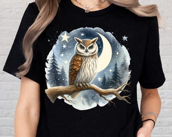 Mystical Owl Shirt, Watercolor Moon Forest Owl Graphic Tee for Nature Lovers, Witchy Animal Shirt, Aesthetic Nocturnal Bird T-Shirt Gift