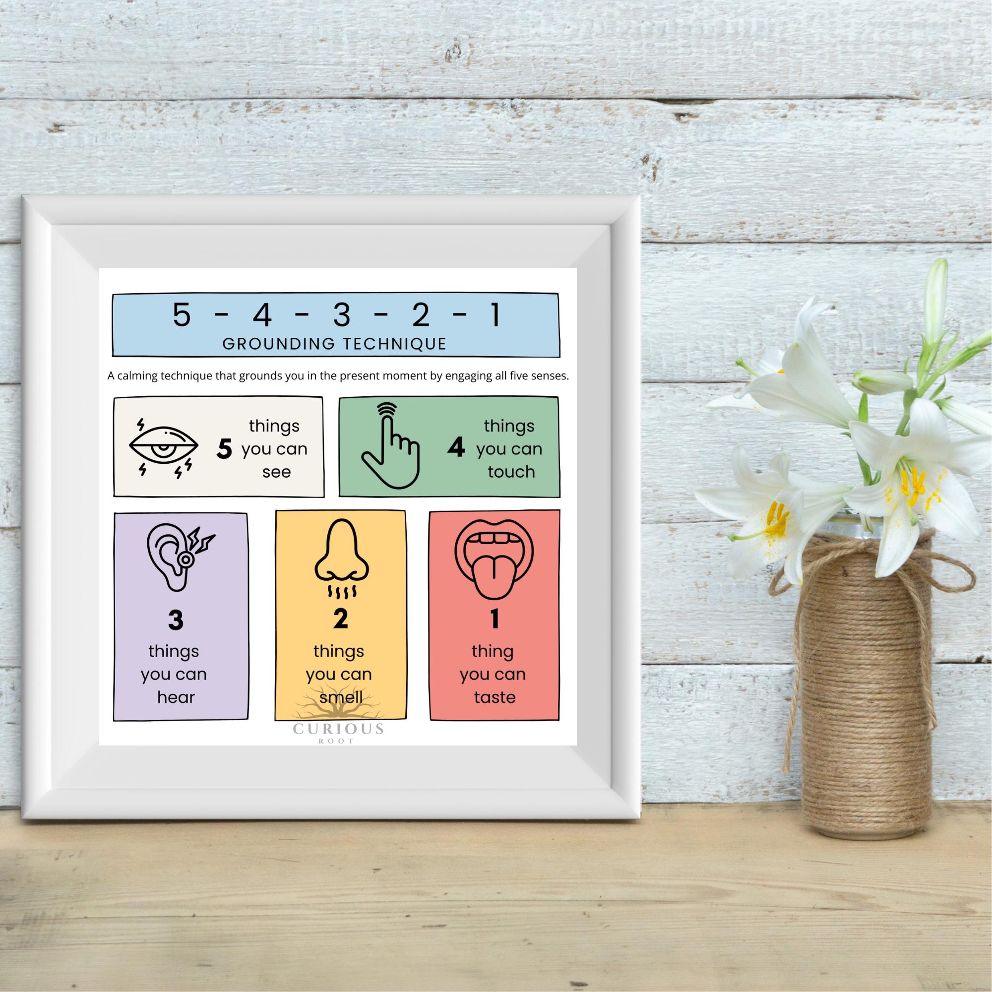 Printable 5-4-3-2-1 Grounding Technique Poster – Mindfulness Wall Art ...