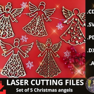 Christmas laser cut files, Christmas Angels Laser Cut Bundle, Angel Christmas tree topper SVG, Christmas Angel Ornament Svg, dxf, Pdf, Cdr.