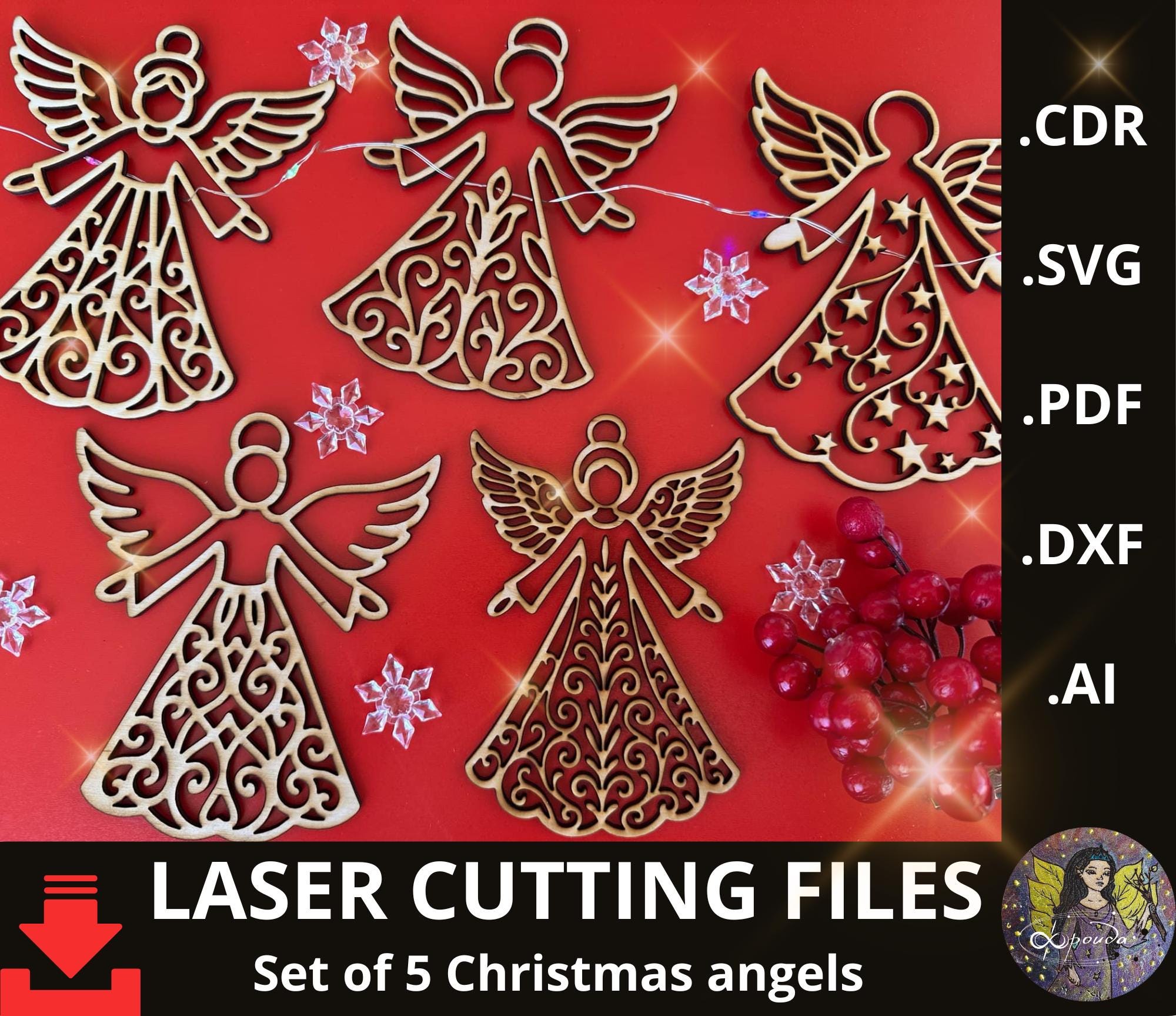 Christmas laser cut files, Christmas Angels Laser Cut Bundle, Angel Christmas tree topper SVG, Christmas Angel Ornament Svg, dxf, Pdf, Cdr.