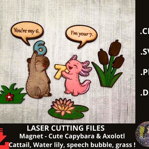 Op de afbeelding: Een verzameling lasergesneden magneten met een capibara met het cijfer 6 en een axolotl met het cijfer 7. De afbeelding bevat tekstballonnen, lisdodden, een waterlelie en gras. De tekst luidt "You're my 6" en "I'm your 7."