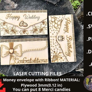 May include: Laser-cut wooden money envelopes with decorative designs. One says "Happy Wedding" with floral accents and rings. Another says "Happy Birthday" with stars and a gift. The third says "Congratulations" with a bow.