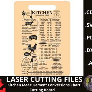 Può includere: Un tagliere in legno chiaro con una tabella di conversione da cucina. La tabella include conversioni di temperatura, volumi liquidi, pesi secchi e temperatura del forno. Il testo "LASER CUTTING FILES" e "Kitchen Measurement Conversions Chart!" sono anche visibili.