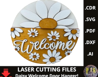 Welcome Sign SVG for Laser Cutters File, Floral Door Hanger Design, Daisy Welcome Round,  Summer Porch Decor, Flowers Sign, Big daisy