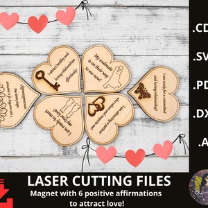 May include: Wooden heart-shaped magnets with positive affirmations to attract love. Each magnet features a unique design, including a key, a butterfly, and floral elements. The magnets are arranged in a cloverleaf pattern, with a banner of pink hearts above.
