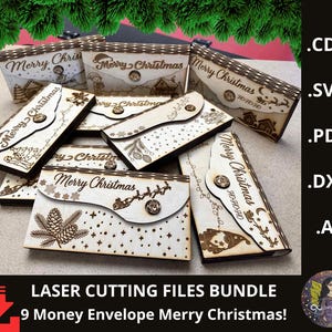 May include: A collection of laser-cut wooden money envelopes with the words "Merry Christmas" engraved on them. Each envelope features unique holiday-themed designs, including snowflakes, reindeer, and pinecones. The envelopes are fastened with a wooden button.