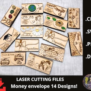 May include: A collection of laser-cut wooden money envelopes with various designs. The envelopes feature engraved images and text for occasions like Easter, birthdays, weddings, and graduations. The designs include floral patterns, couples, and a graduation cap.