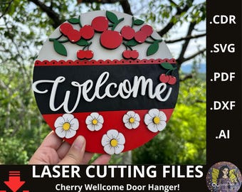 Cherry Wellcome deurhanger SVG, lasergesneden bestand, boerderij-welkomstbord rond houten bord SVG gelaagde deurdecoratie cadeau-idee Zomer veranda decor.
