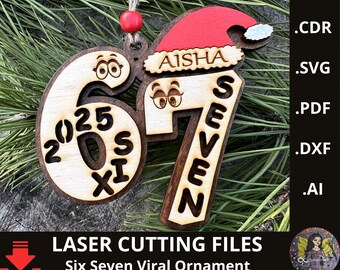 Adorno viral Six Seven en formato SVG. Decoración navideña personalizada para árbol, cortada con láser. 67 archivos SVG navideños para corte láser.