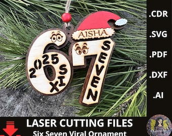 Adorno viral Six Seven en formato SVG. Decoración navideña personalizada para árbol, cortada con láser. 67 archivos SVG navideños para corte láser.