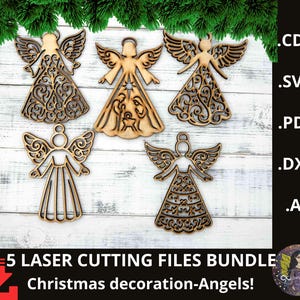 Könnte beinhalten: Ein Bundle von fünf lasergeschnittenen Holzengeln mit aufwendigen Flügel- und Kleidmustern. Die Engel sind in verschiedenen Posen, einer mit einer Krippenszene. Der Text lautet "5 LASER CUTTING FILES BUNDLE Christmas decoration-Angels!"