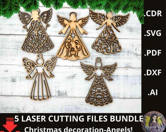 Kerst lasergesneden bestanden, kerst engelen laser gesneden bundel, engel kerstboom topper SVG, kerst engel ornament Svg, dxf, pdf, cdr.