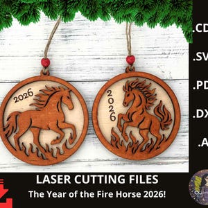 May include: Two wooden ornaments with a horse design and the year 2026. The ornaments are round with a light wood center and a darker wood frame. The text "LASER CUTTING FILES" and "The Year of the Fire Horse 2026!" are also visible.