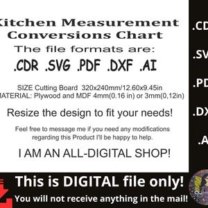 May include: A white digital file with black text titled "Kitchen Measurement Conversions Chart." It lists file formats: .CDR, .SVG, .PDF, .DXF, and .AI. Includes cutting board size: 12.60x9.45 inches. The material is plywood and MDF. The text "This is DIGITAL file only!" is also present.