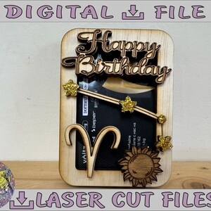 Porta tarjetas de regalo personalizado del zodiaco Aries, SVG, PDF, archivo cortado con láser, Feliz cumpleaños, Regalo Svg Pdf, Porta tarjetas de regalo con imán Aries Svg, Pdf.