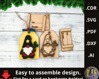 May include: Wooden Christmas gift tags with gnome designs. One tag is painted yellow with a black, red, and white gnome. Another is a natural wood colour with a gnome design. Includes a card holder. Text reads "to:" and "from:"