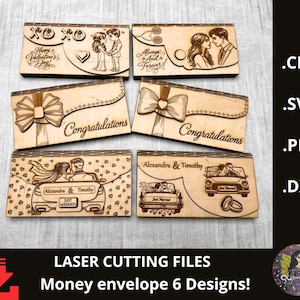 Puede incluir: Seis sobres de dinero de madera cortados con láser con varios diseños. Algunos presentan parejas, corazones y las frases "Happy Valentine's Day", "Always and Forever" y "Congratulations". Otros dicen "Just Married".