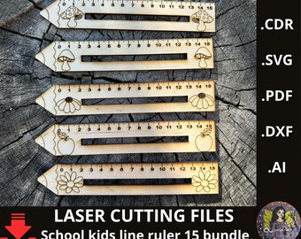 May include: Wooden rulers with laser-cut designs of a mushroom, daisy, and apple. Each ruler is 15 inches long and features a measurement scale. The text "LASER CUTTING FILES" and "School kids line ruler 15 bundle" is also visible.