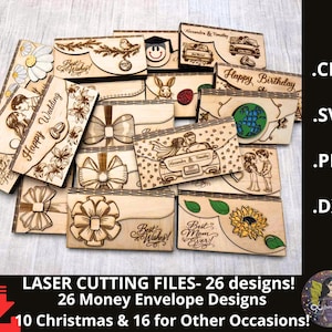 May include: A collection of laser-cut wooden money envelopes with various designs. Some envelopes feature floral patterns, bows, and the text "Happy Wedding" and "Happy Birthday." The image also includes the text "LASER CUTTING FILES - 26 designs!"