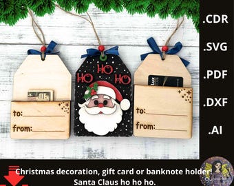 May include: Three wooden Christmas gift card holders with a Santa Claus design and the text "HO HO HO". Each holder has a pocket for a gift card or money, and space to write "to:" and "from:" on the front. They are decorated with red and blue accents.