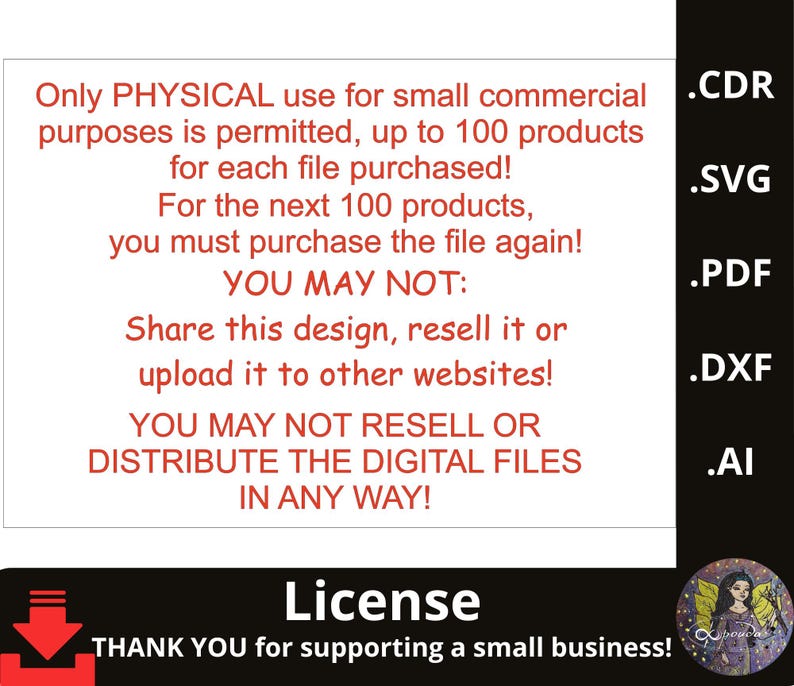 May include: A white rectangle with red text detailing the license for digital files, including usage limits and restrictions. The text is accompanied by file type abbreviations and a thank you message.