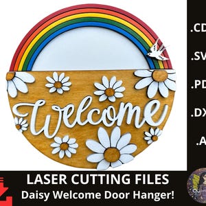 Panneau de bienvenue SVG pour fichier de découpe laser, accroche-porte floral, tour de bienvenue Daisy, décoration de porche d'été, panneau de fleurs, arc-en-ciel, hirondelle