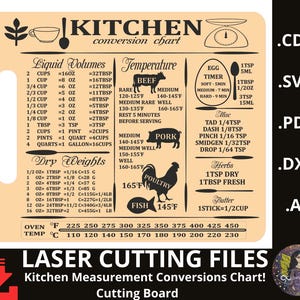 May include: A tan kitchen conversion chart on a cutting board with text and illustrations. It includes liquid volumes, dry weights, and temperature conversions. The text "LASER CUTTING FILES" is at the bottom.
