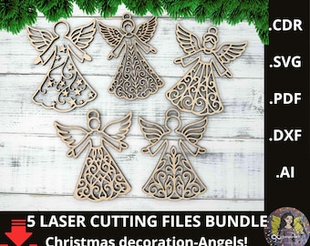 May include: A bundle of five laser-cut wooden angel ornaments. Each angel has detailed wing and dress designs, with one featuring a star pattern. The image includes the text "5 LASER CUTTING FILES BUNDLE Christmas decoration-Angels!"