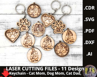 Laserskuren nyckelringsetikett med fil för pappa, mamma, bästa vän, kattmamma, kattpappa, hundmamma, hundpappa, mors dag-present, olika designer svg, pdf
