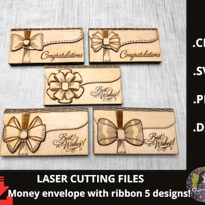 May include: Wooden money envelopes with laser-cut bow designs. Two envelopes read "Congratulations," and three read "Best Wishes!" The envelopes are light brown with dark brown etched details. The image also includes file type information.