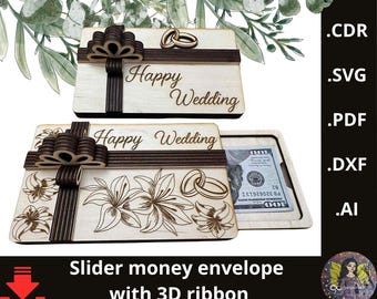Money Envelope Slider, envelope gift money holder for your cash gifts. Wedding envelope money holder with lilies and 3D wooden ribbon svg.