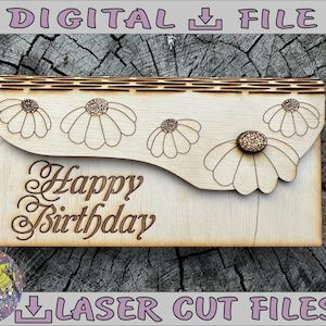Sobre de dinero de cumpleaños: diseño floral de margarita/SVG, Dxf, Cdr, AI, PDF/plantilla digital cortada con láser.