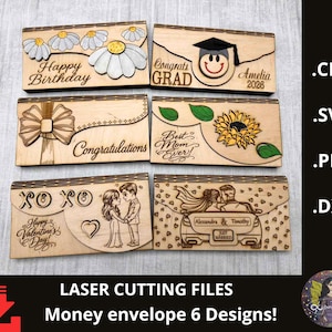Puede incluir: Seis sobres de dinero de madera cortados con láser con varios diseños. Los diseños incluyen margaritas, un gorro de graduación, un lazo, un girasol, una pareja y un coche con el texto "Just Married". Los sobres tienen texto como "Happy Birthday" y "Congratulations".
