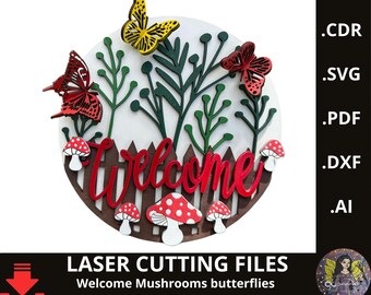 Welkom paddestoelen vlinders deurhanger SVG, lasergesneden bestand, boerderij welkomstbord rond houten bord SVG cadeau-idee zomer veranda decor. bloemen