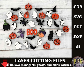 Puede incluir: Un conjunto de imanes de Halloween cortados con láser. Incluye calabazas, fantasmas, murciélagos, arañas, brujas y un gato negro. También aparece la palabra "BOO". El texto "LASER CUTTING FILES" y "35 Halloween magnets..." son visibles.