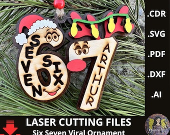 Adorno viral Six Seven en formato SVG. Decoración navideña personalizada para árbol, cortada con láser. 67 archivos SVG navideños para corte láser.