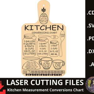 May include: Wooden kitchen conversion chart with measurements for volume, including gallons, quarts, pints, cups, and fluid ounces. The chart also includes oven temperature conversions in Fahrenheit and Celsius. The text "KITCHEN" is at the top.