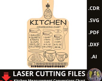Tabla de conversión de medidas de cocina SVG Conversiones de medidas de cocina láser SVG Tabla de cortar láser SVG Tabla de cortar rústica Hoja de trucos Regalos