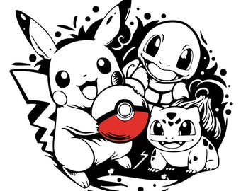 Schattig Pocket Monster SVG- en PNG-bundel | Op games geïnspireerde personages voor Cricut | Digitale clipartdownload: Pikachu, Bulba, Squirtle en meer