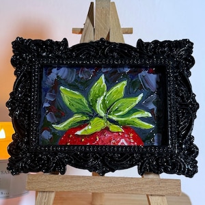 Pintura al óleo de fresa en marco vintage, pintura al óleo original hecha a mano en marco negro hecho a mano, bodegón antiguo, pintura al óleo en miniatura