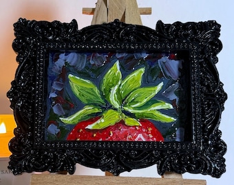 Miniature Strawberry Oil Painting, Handmade Black Plaster Frame, Vintage Still Life