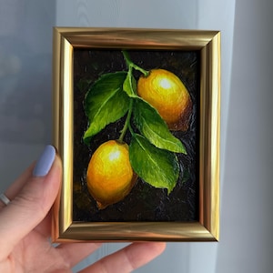 Bodegón en marco dorado con limón, Pintura al óleo con limones, Pintura al óleo original hecha a mano, Arte vintage, Realismo gastronómico