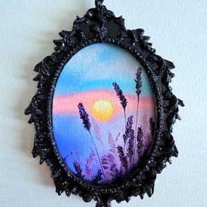 Paisaje al atardecer, pintura al óleo en marco vintage, arte paisajístico pintado a mano, pintura al óleo pequeña original hecha a mano en marco negro hecho a mano