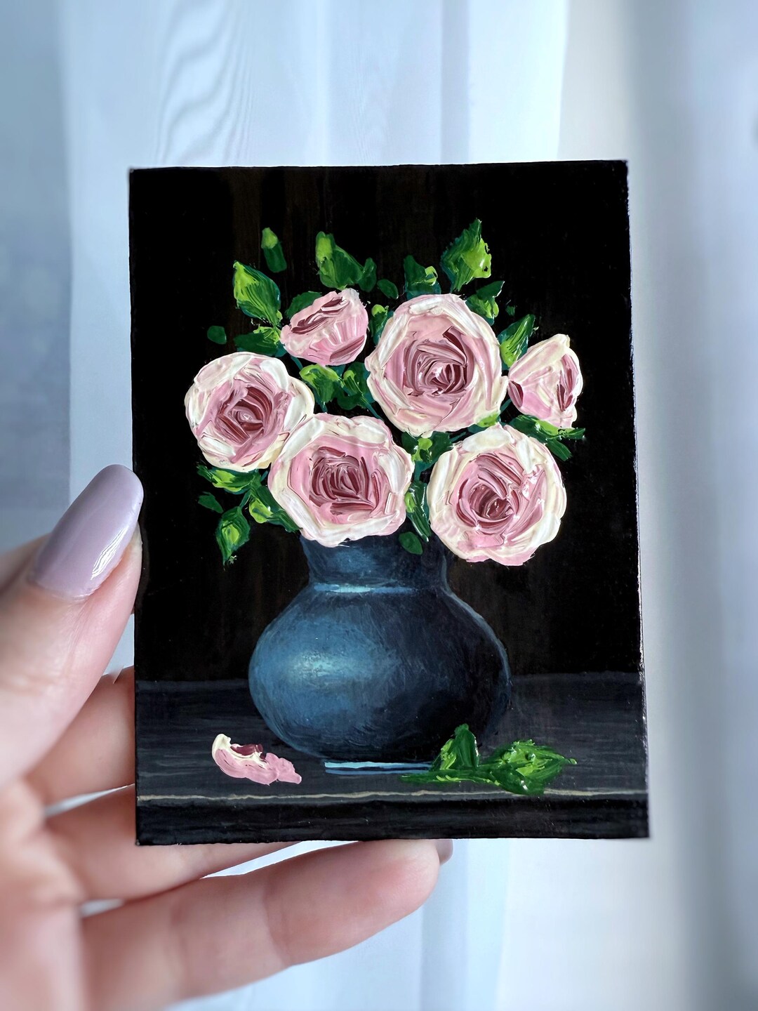 Still Life Pink Roses in a Vase, Oil Painting With Pink Roses, Original ...